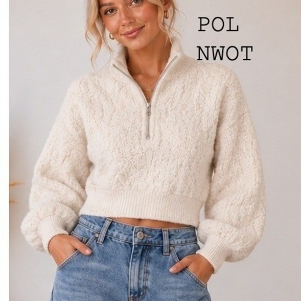 POL Clothing Sweater Women L Cream Cable Knit Quarter Zip Pullover YST711